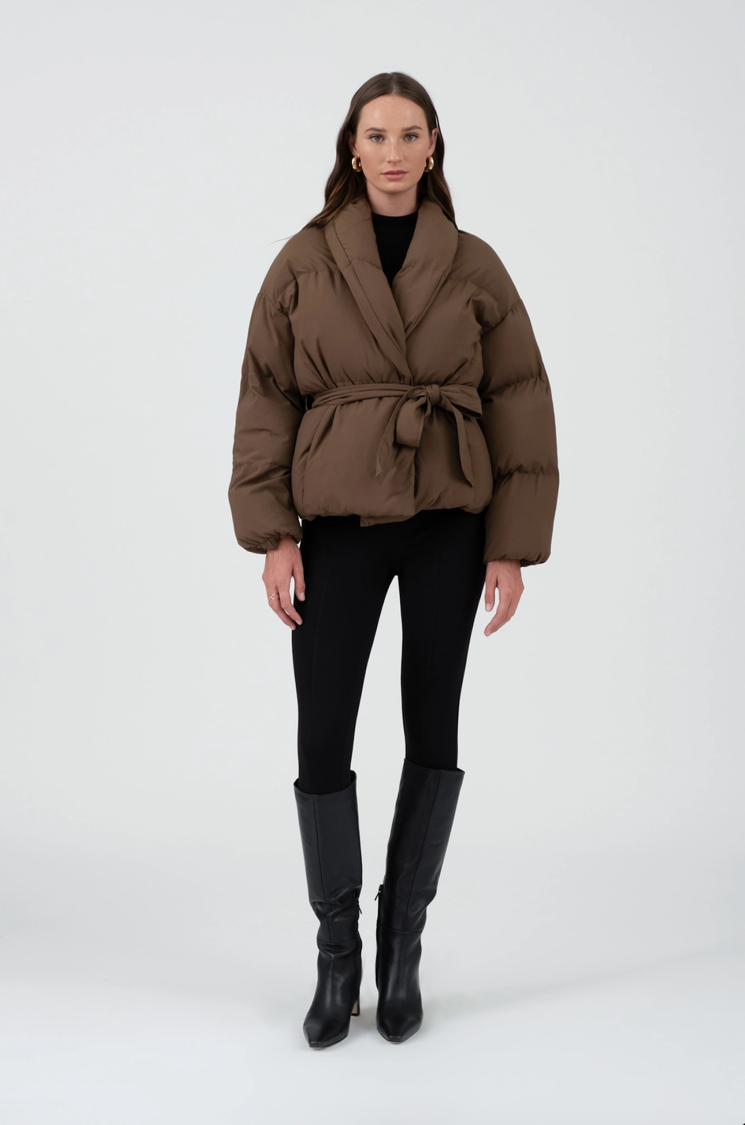 Coffee Waist Tie Puffer Jacket