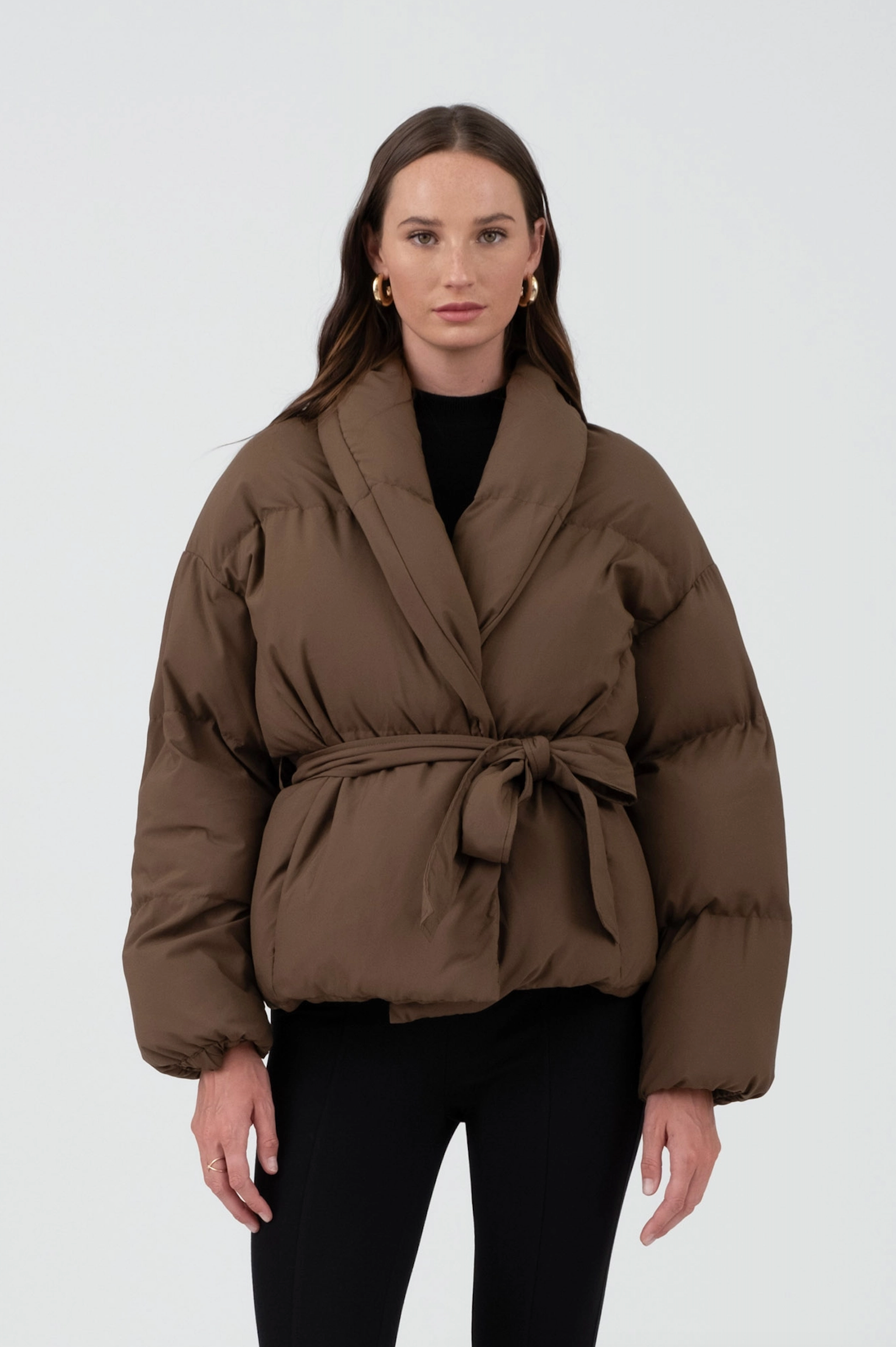 Coffee Waist Tie Puffer Jacket