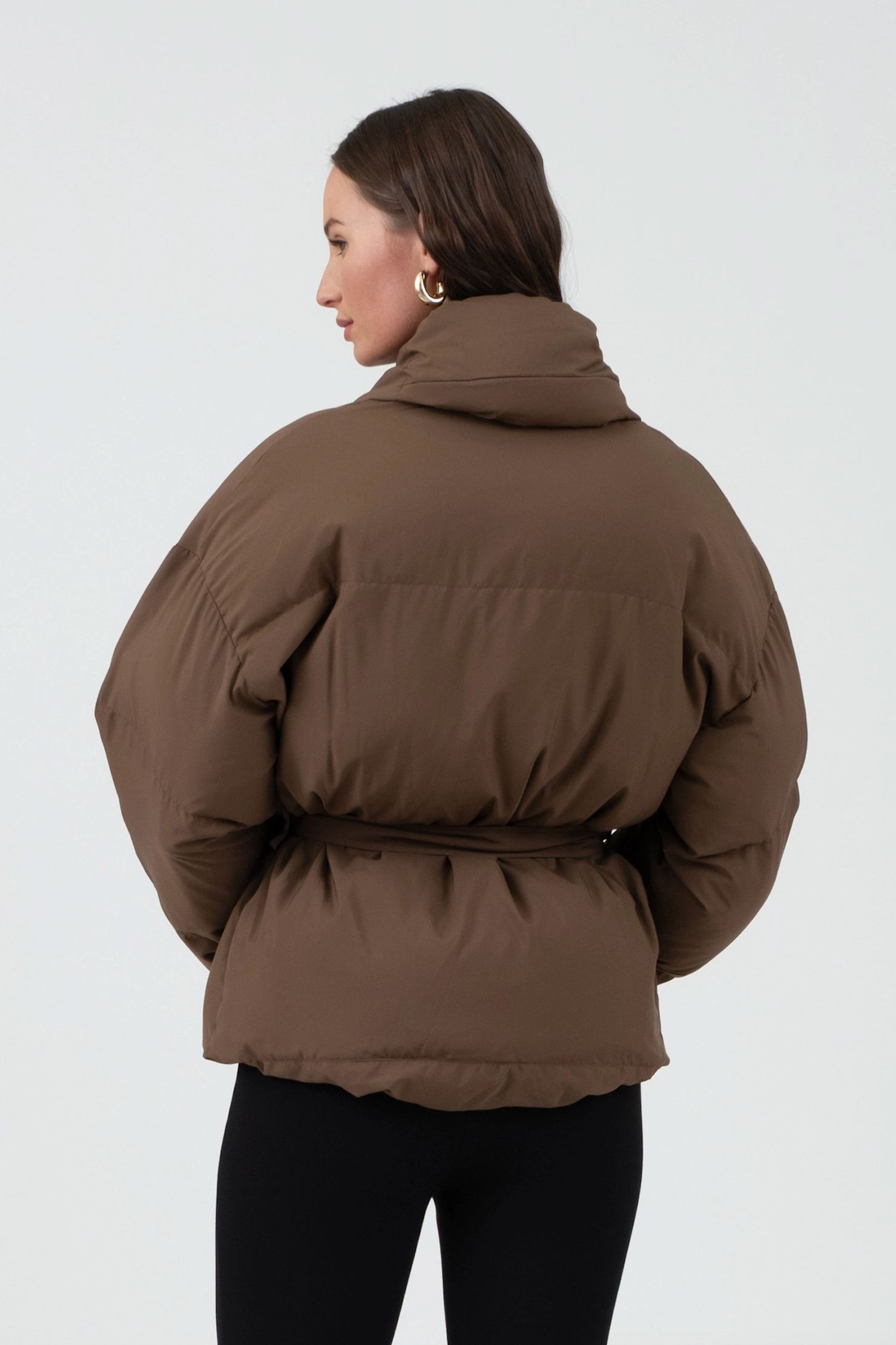 Coffee Waist Tie Puffer Jacket