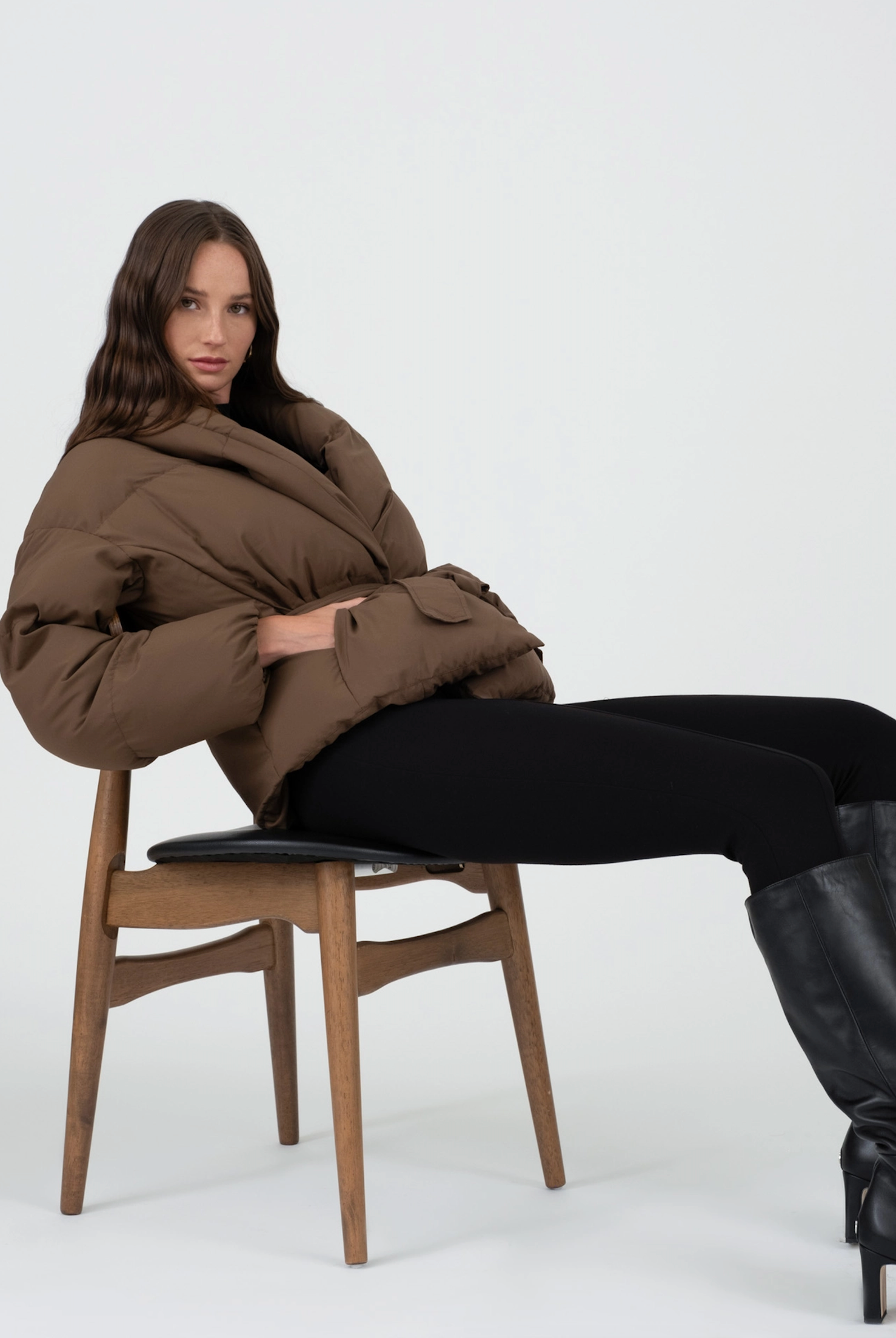 Coffee Waist Tie Puffer Jacket