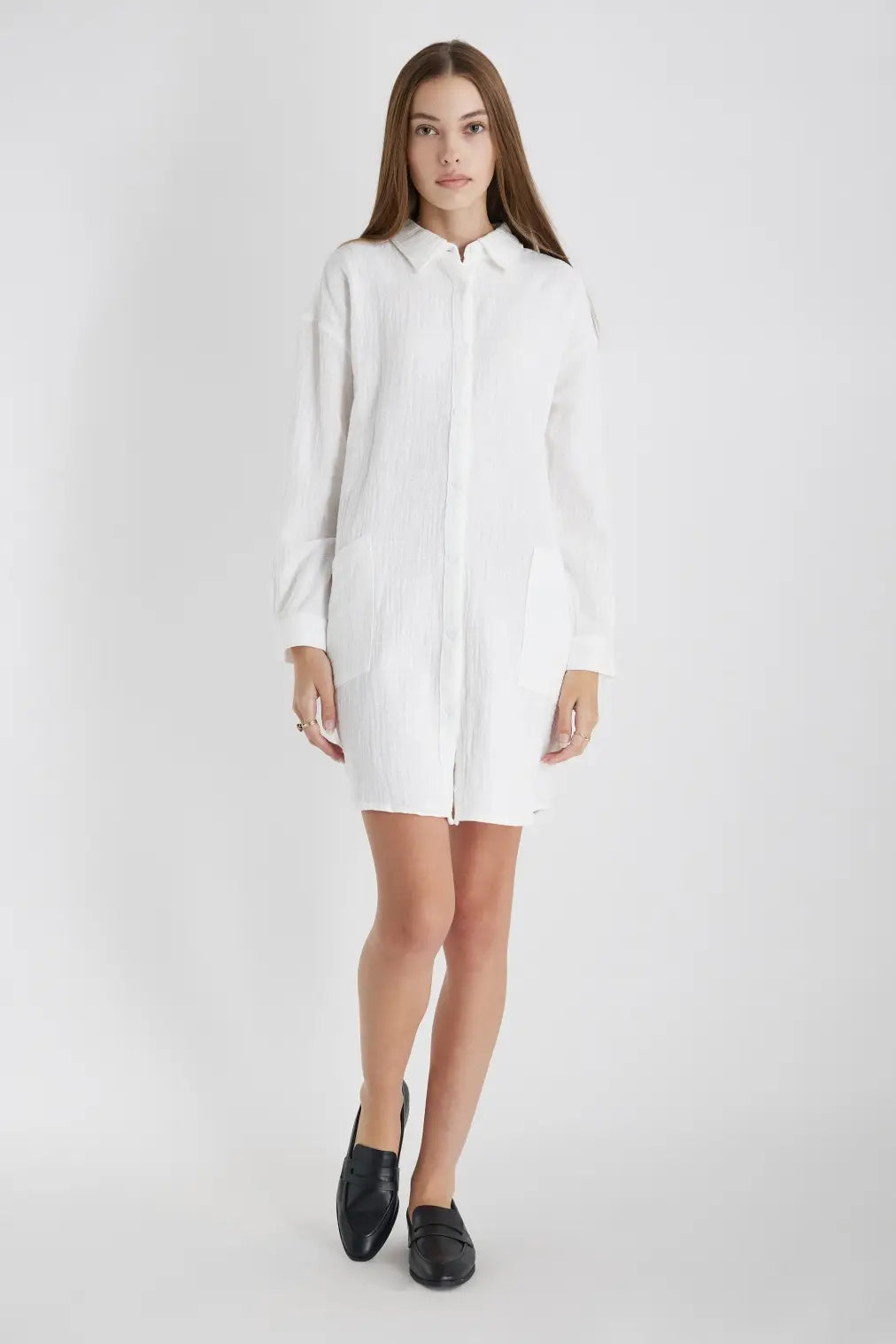 When you need a little room to breathe. The Diana Shirt Dress is an oversized button-down dress constructed of lightweight double gauze cotton. Detailed with side pockets for added interest. Style over stockings with a winter coat for cold temperatures and transition into your spring and summer wardrobe with sandals and a sun hat. 